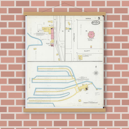 Old map wall art mockup — magnetic wood frame on brick wall — Sanborn Fire Insurance Map from Whitehall, Muskegon County, Michigan (1892), Sheet #0005