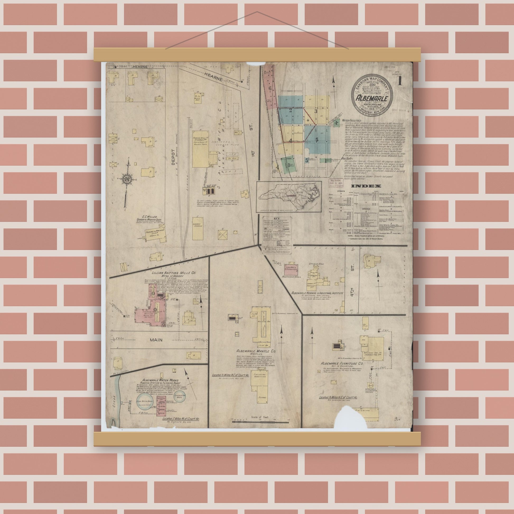 Old map wall art mockup — magnetic wood frame on brick wall — Sanborn Fire Insurance Map from Albemarle, Stanley County, North Carolina (1913) - Complete Map Set