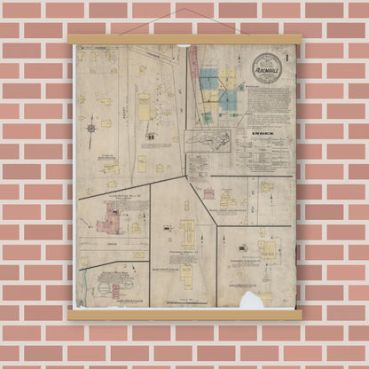 Old map wall art mockup — magnetic wood frame on brick wall — Sanborn Fire Insurance Map from Albemarle, Stanley County, North Carolina (1913) - Complete Map Set