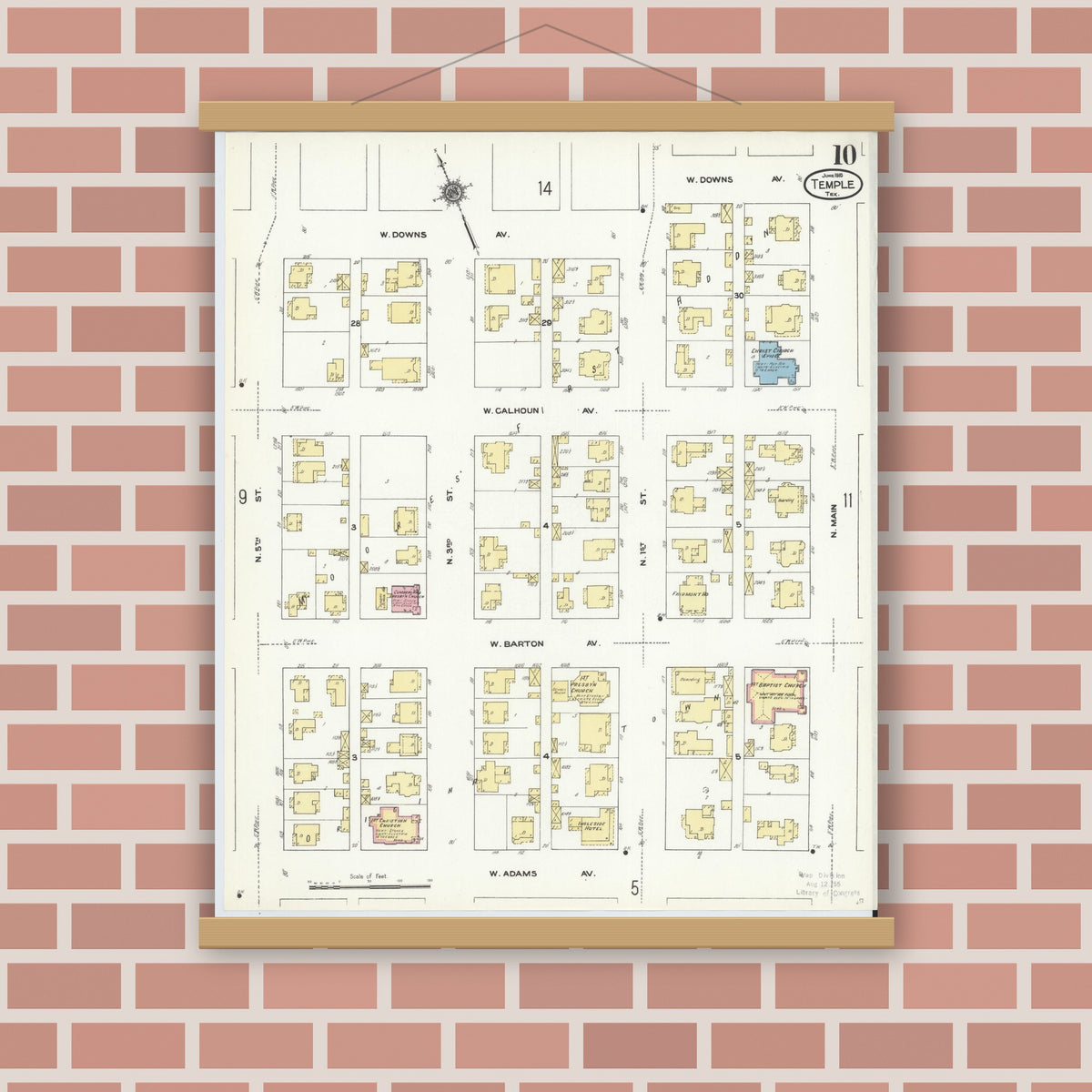 Old map wall art mockup — magnetic wood frame on brick wall — Sanborn Fire Insurance Map from Temple, Bell County, Texas (1910), Sheet #0010