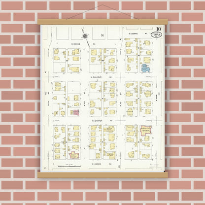Old map wall art mockup — magnetic wood frame on brick wall — Sanborn Fire Insurance Map from Temple, Bell County, Texas (1910), Sheet #0010