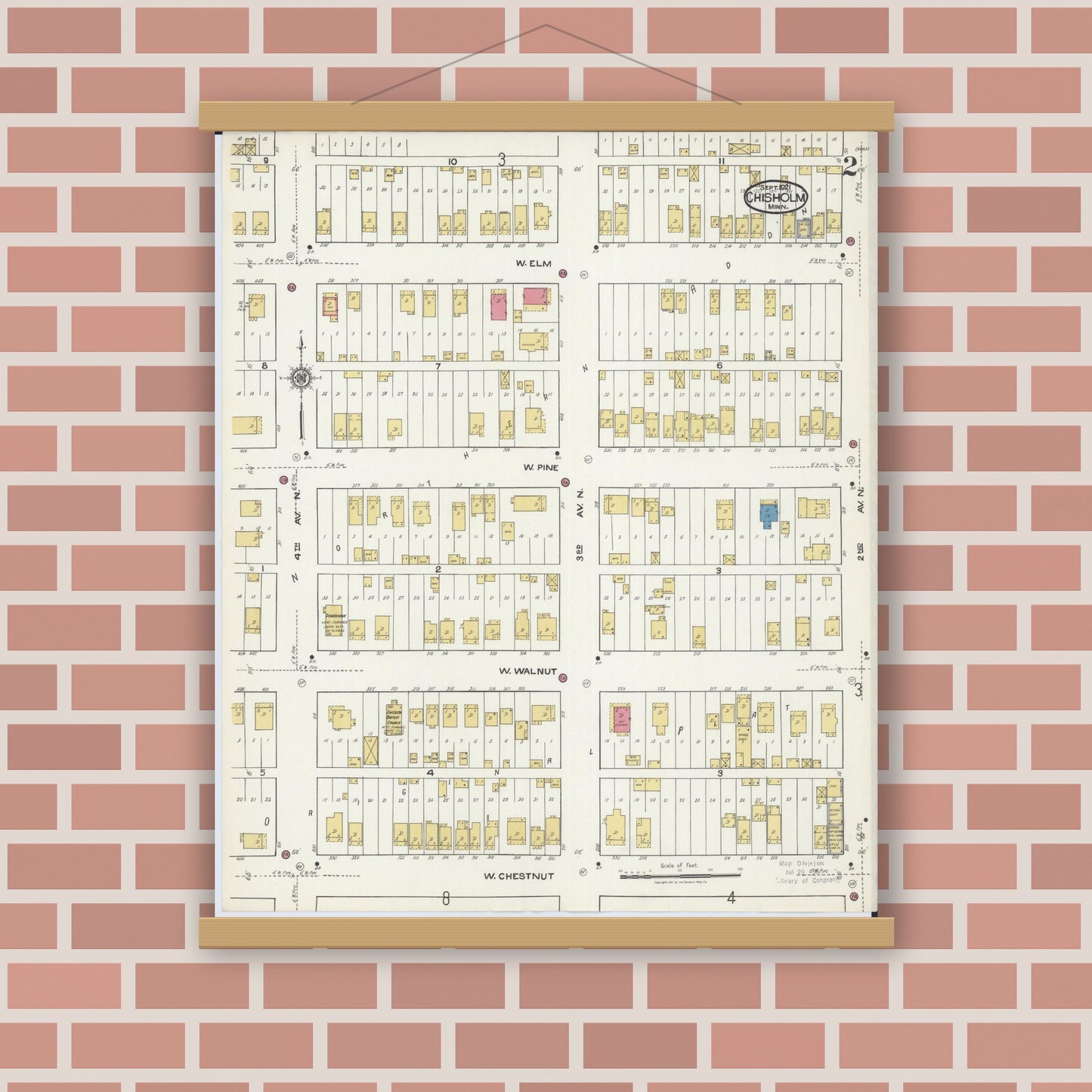 Old map wall art mockup — magnetic wood frame on brick wall — Sanborn Fire Insurance Map from Chisholm, Saint Louis County, Minnesota (1921), Sheet #0002