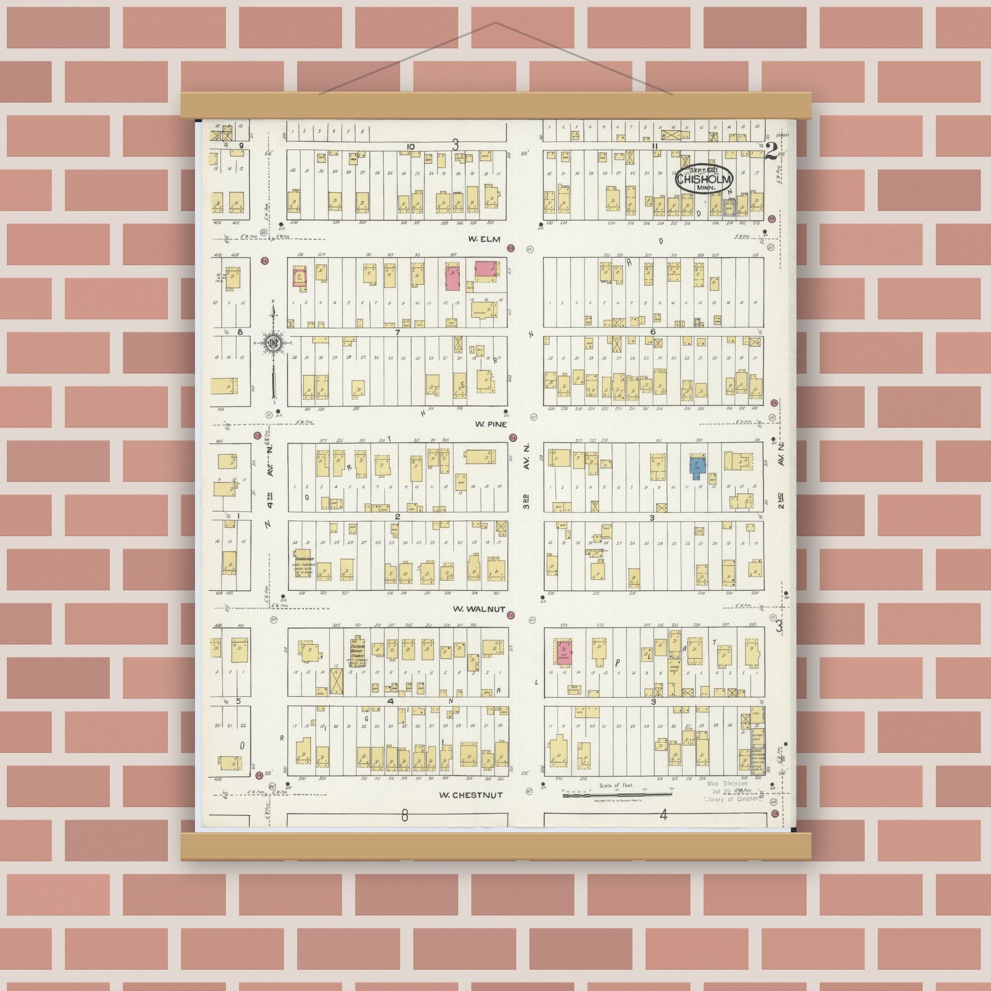 Old map wall art mockup — magnetic wood frame on brick wall — Sanborn Fire Insurance Map from Chisholm, Saint Louis County, Minnesota (1921), Sheet #0002