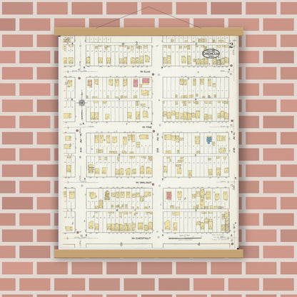 Old map wall art mockup — magnetic wood frame on brick wall — Sanborn Fire Insurance Map from Chisholm, Saint Louis County, Minnesota (1921), Sheet #0002