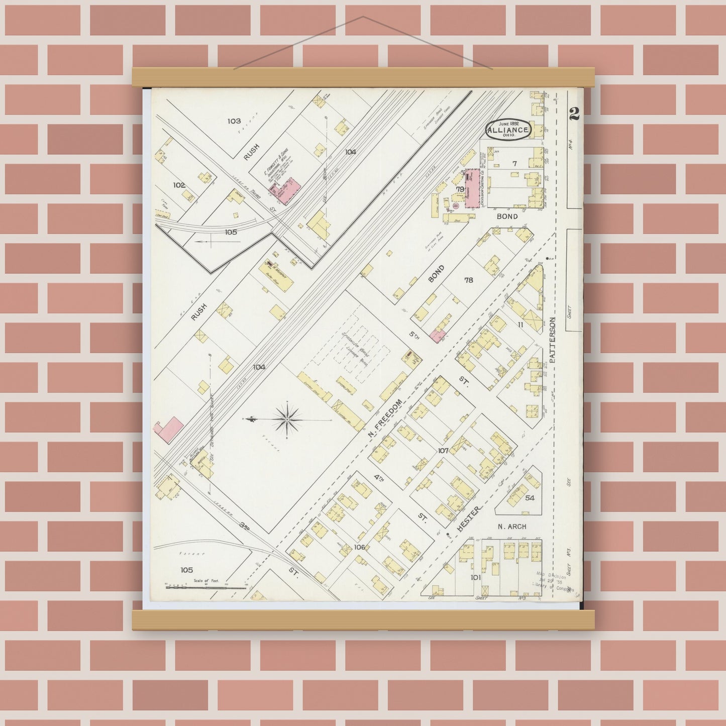 Old map wall art mockup — magnetic wood frame on brick wall — Sanborn Fire Insurance Map from Alliance, Stark County, Ohio (1892), Sheet #0002