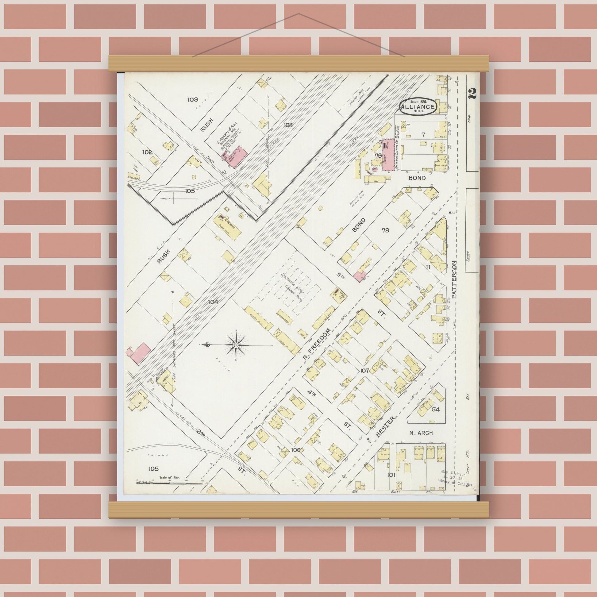 Old map wall art mockup — magnetic wood frame on brick wall — Sanborn Fire Insurance Map from Alliance, Stark County, Ohio (1892), Sheet #0002