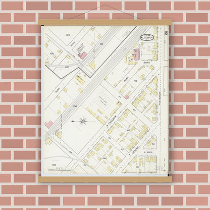 Old map wall art mockup — magnetic wood frame on brick wall — Sanborn Fire Insurance Map from Alliance, Stark County, Ohio (1892), Sheet #0002