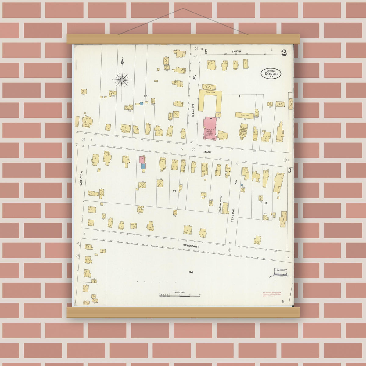 Old map wall art mockup — magnetic wood frame on brick wall — Sanborn Fire Insurance Map from Sodus, Wayne County, New York (1906), Sheet #0002