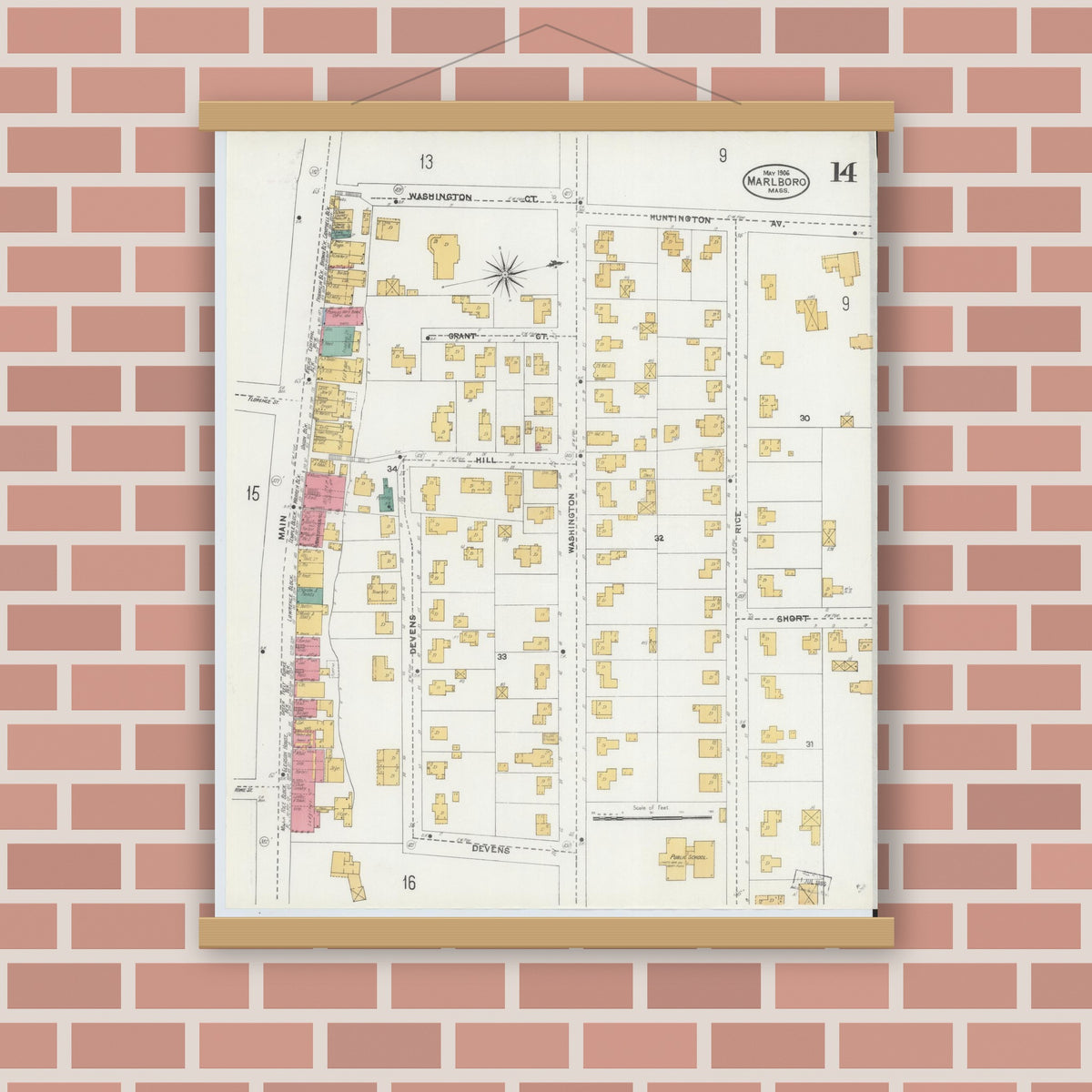 Old map wall art mockup — magnetic wood frame on brick wall — Sanborn Fire Insurance Map from Marlborough, Middlesex County, Massachusetts (1906), Sheet #0014