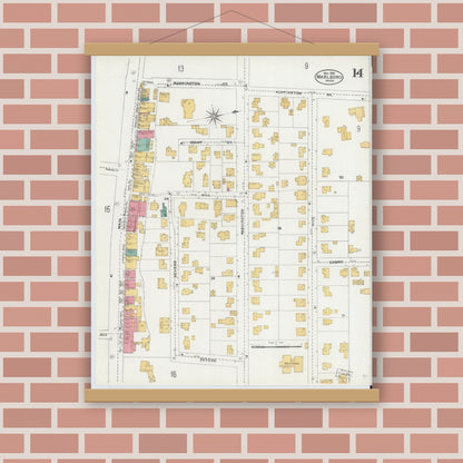 Old map wall art mockup — magnetic wood frame on brick wall — Sanborn Fire Insurance Map from Marlborough, Middlesex County, Massachusetts (1906), Sheet #0014