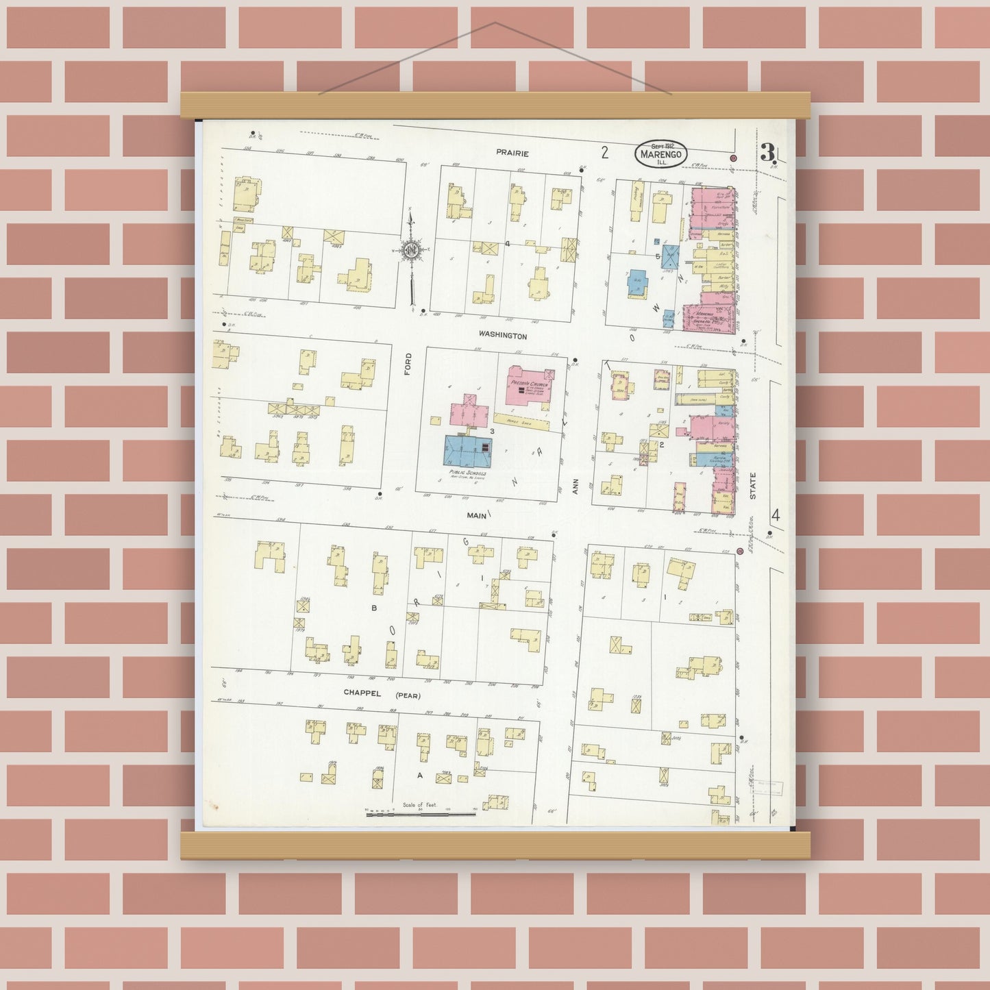 Old map wall art mockup — magnetic wood frame on brick wall — Sanborn Fire Insurance Map from Marengo, McHenry County, Illinois (1912), Sheet #0003