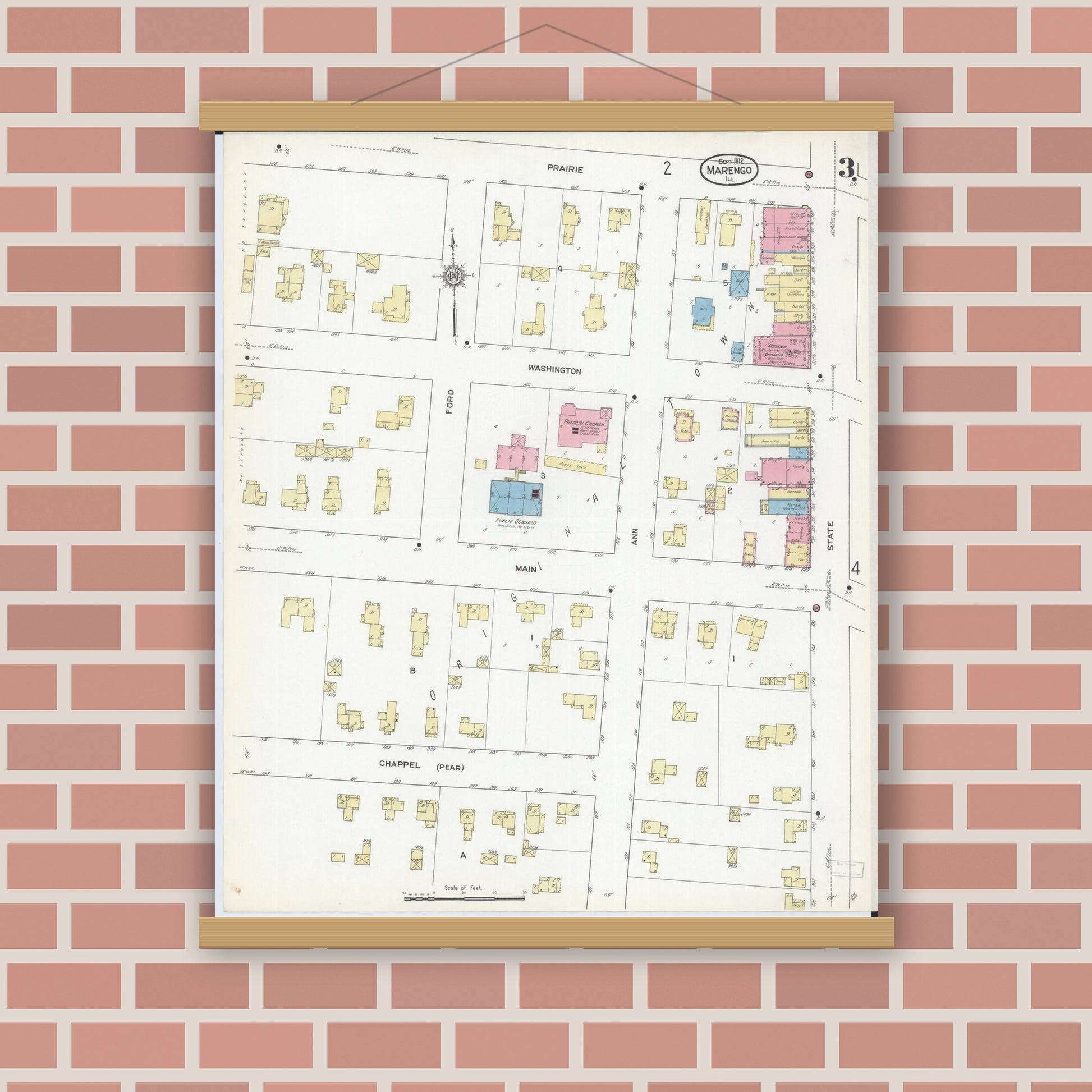 Old map wall art mockup — magnetic wood frame on brick wall — Sanborn Fire Insurance Map from Marengo, McHenry County, Illinois (1912), Sheet #0003
