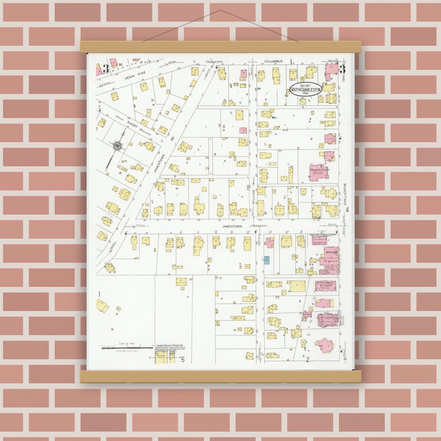 Old map wall art mockup — magnetic wood frame on brick wall — Sanborn Fire Insurance Map from South Charleston, Clark County, Ohio (1927), Sheet #0003