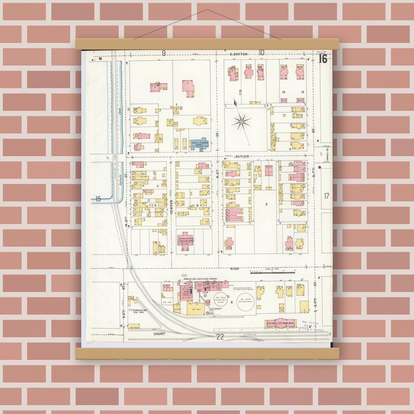 Old map wall art mockup — magnetic wood frame on brick wall — Sanborn Fire Insurance Map from Hamilton, Butler County, Ohio (1899), Sheet #0016