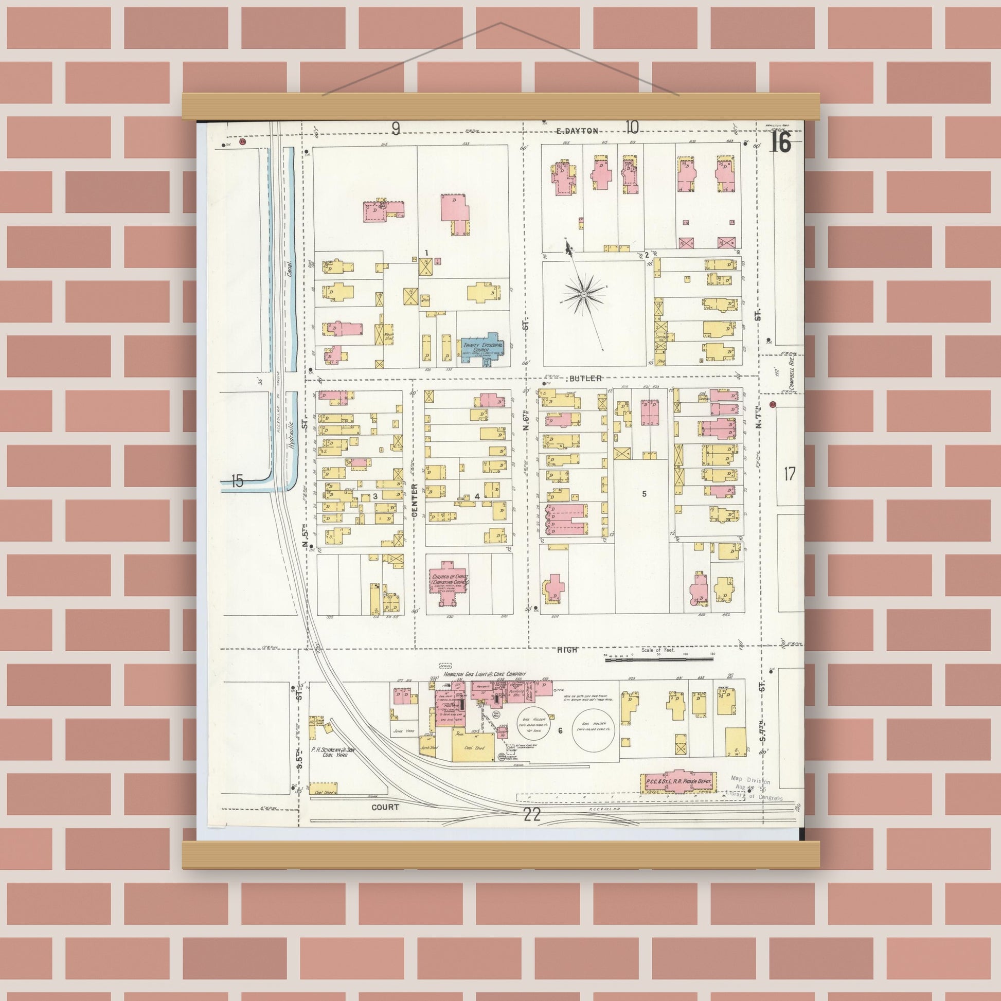Old map wall art mockup — magnetic wood frame on brick wall — Sanborn Fire Insurance Map from Hamilton, Butler County, Ohio (1899), Sheet #0016