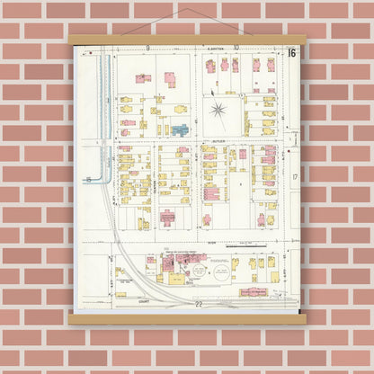 Old map wall art mockup — magnetic wood frame on brick wall — Sanborn Fire Insurance Map from Hamilton, Butler County, Ohio (1899), Sheet #0016