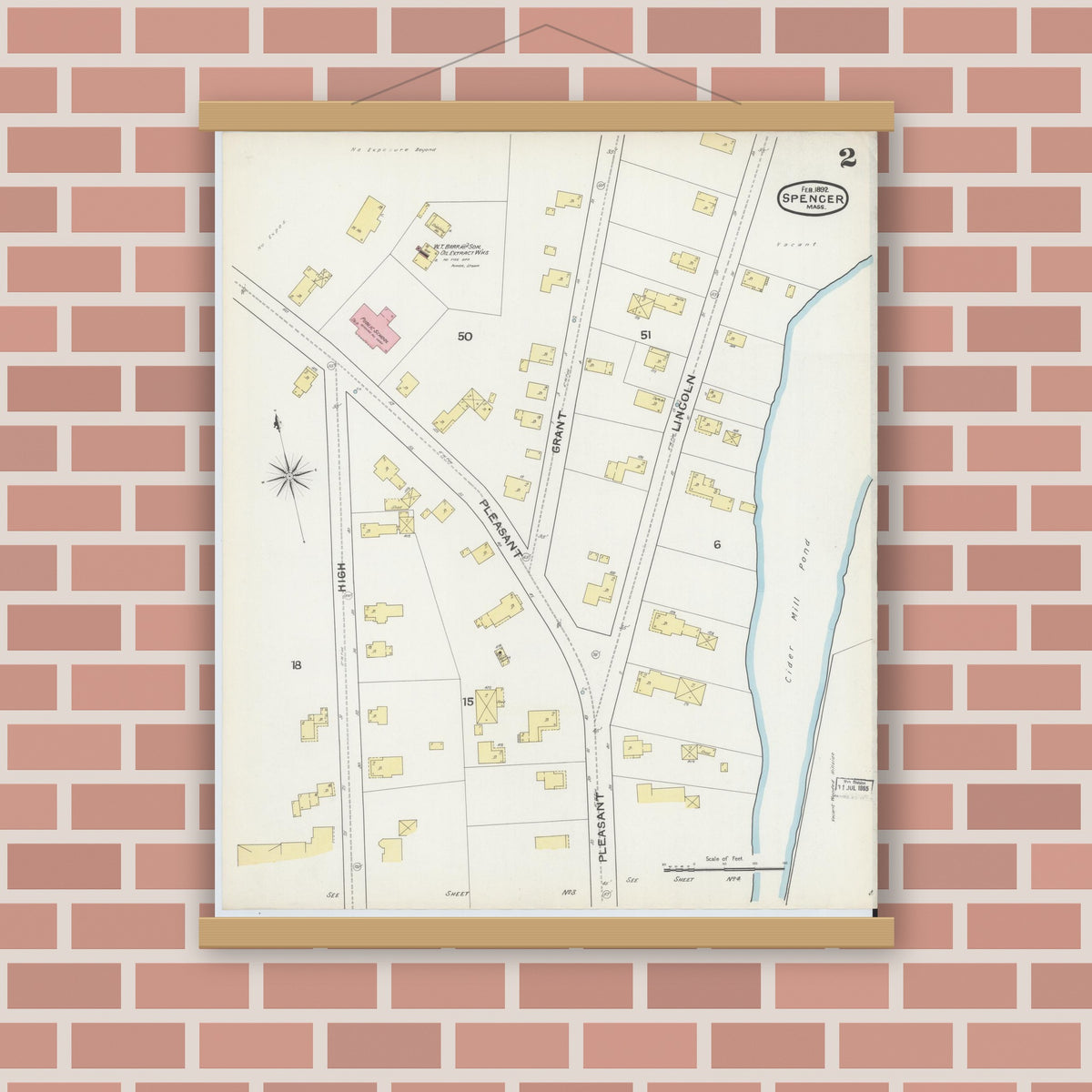 Old map wall art mockup — magnetic wood frame on brick wall — Sanborn Fire Insurance Map from Spencer, Worcester County, Massachusetts (1892), Sheet #0002