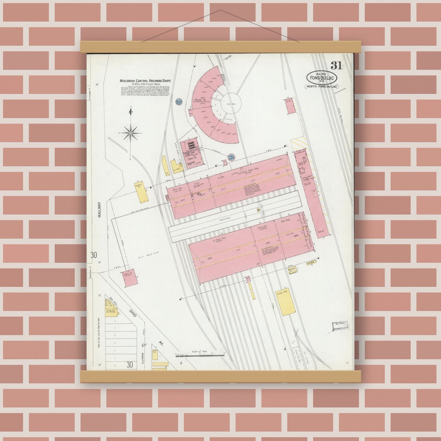 Old map wall art mockup — magnetic wood frame on brick wall — Sanborn Fire Insurance Map from Fond du Lac, Fond du Lac County, Wisconsin (1902), Sheet #0031