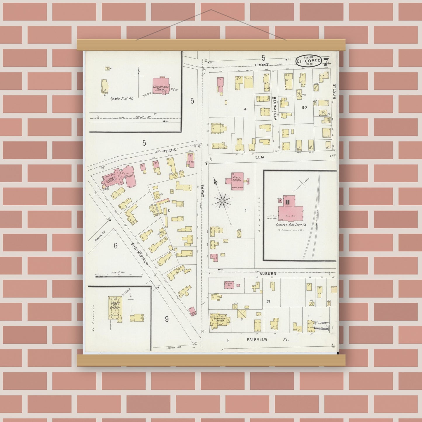 Old map wall art mockup — magnetic wood frame on brick wall — Sanborn Fire Insurance Map from Chicopee, Hampden County, Massachusetts (1896), Sheet #0007