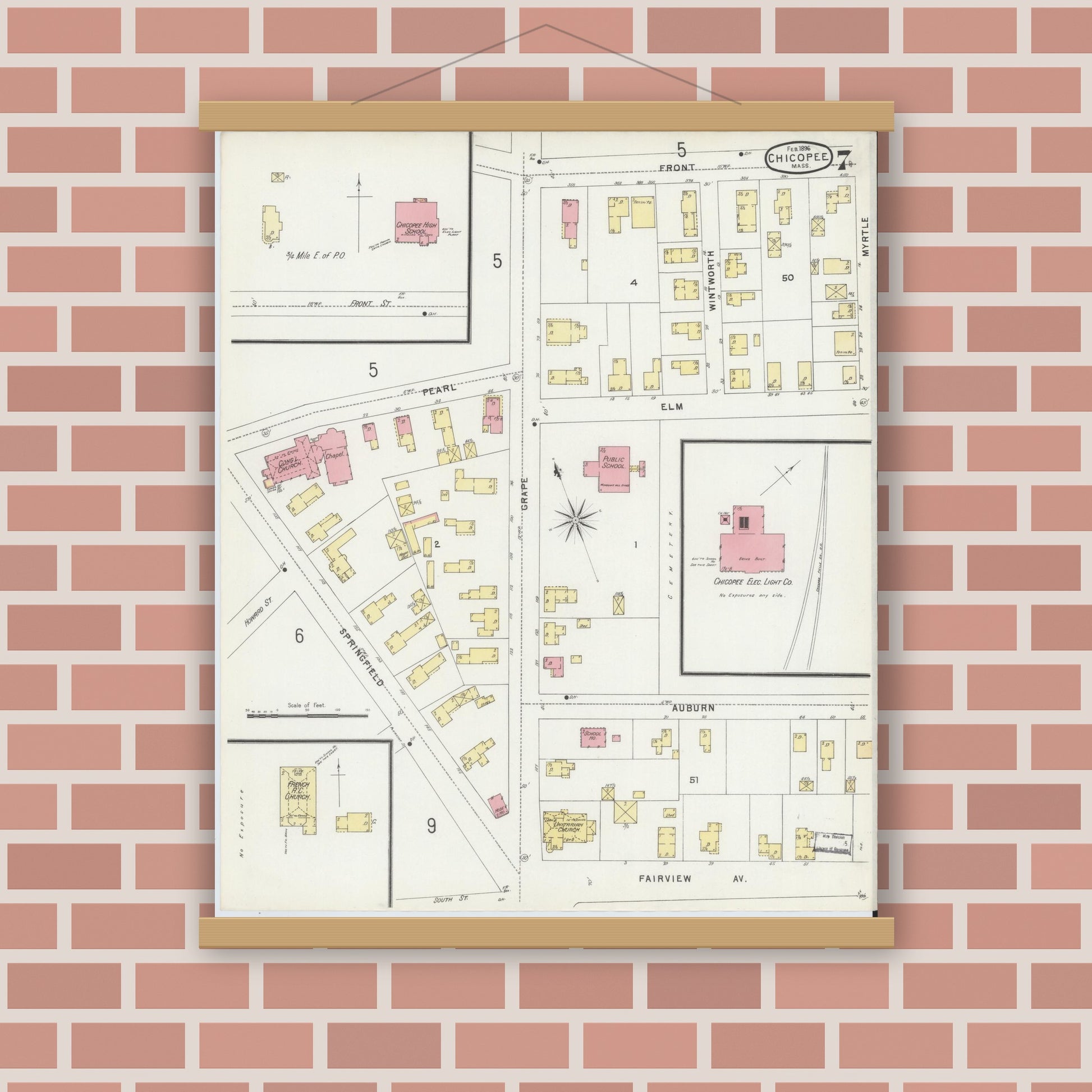 Old map wall art mockup — magnetic wood frame on brick wall — Sanborn Fire Insurance Map from Chicopee, Hampden County, Massachusetts (1896), Sheet #0007