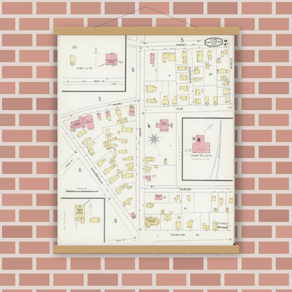 Old map wall art mockup — magnetic wood frame on brick wall — Sanborn Fire Insurance Map from Chicopee, Hampden County, Massachusetts (1896), Sheet #0007