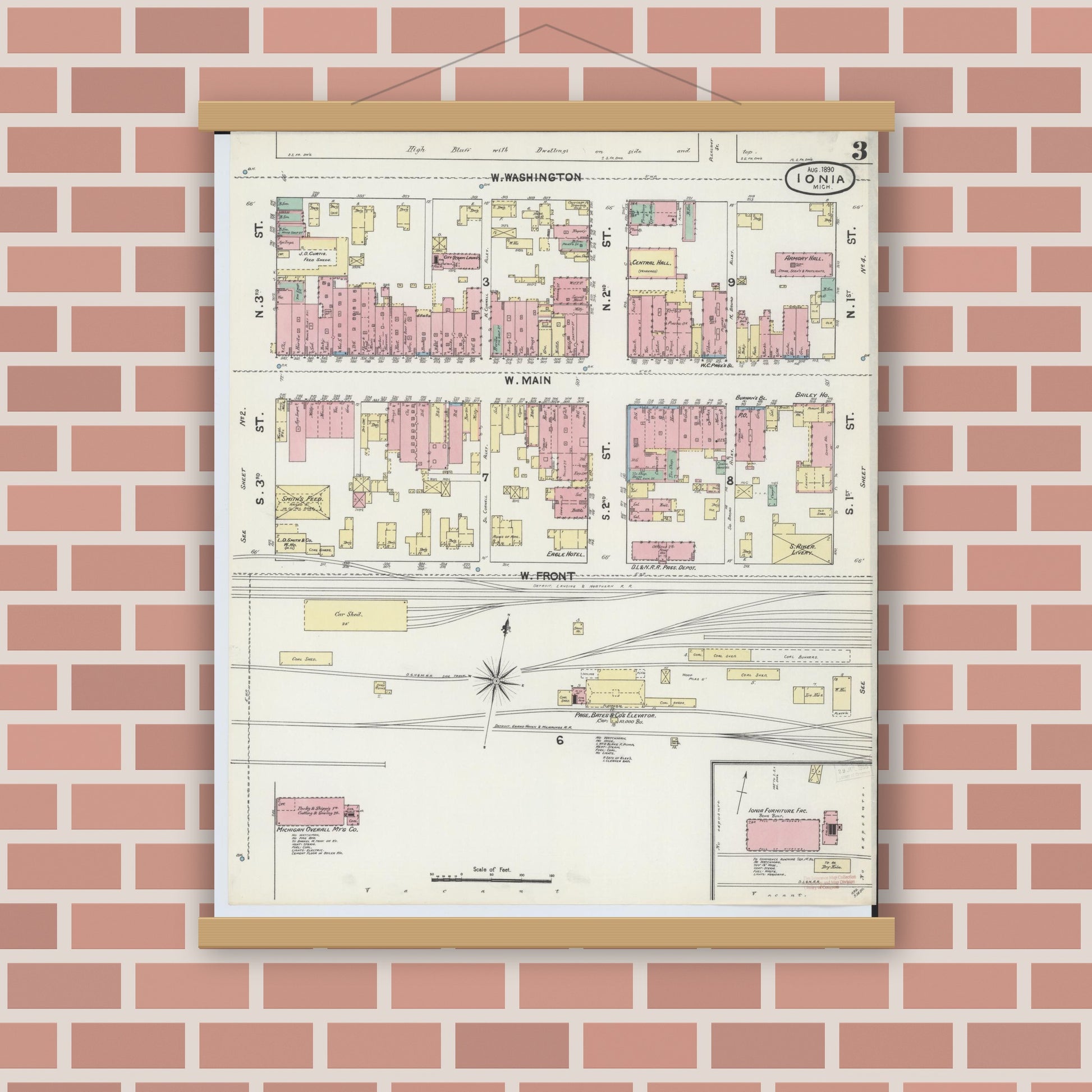 Old map wall art mockup — magnetic wood frame on brick wall — Sanborn Fire Insurance Map from Ionia, Ionia County, Michigan (1890), Sheet #0003