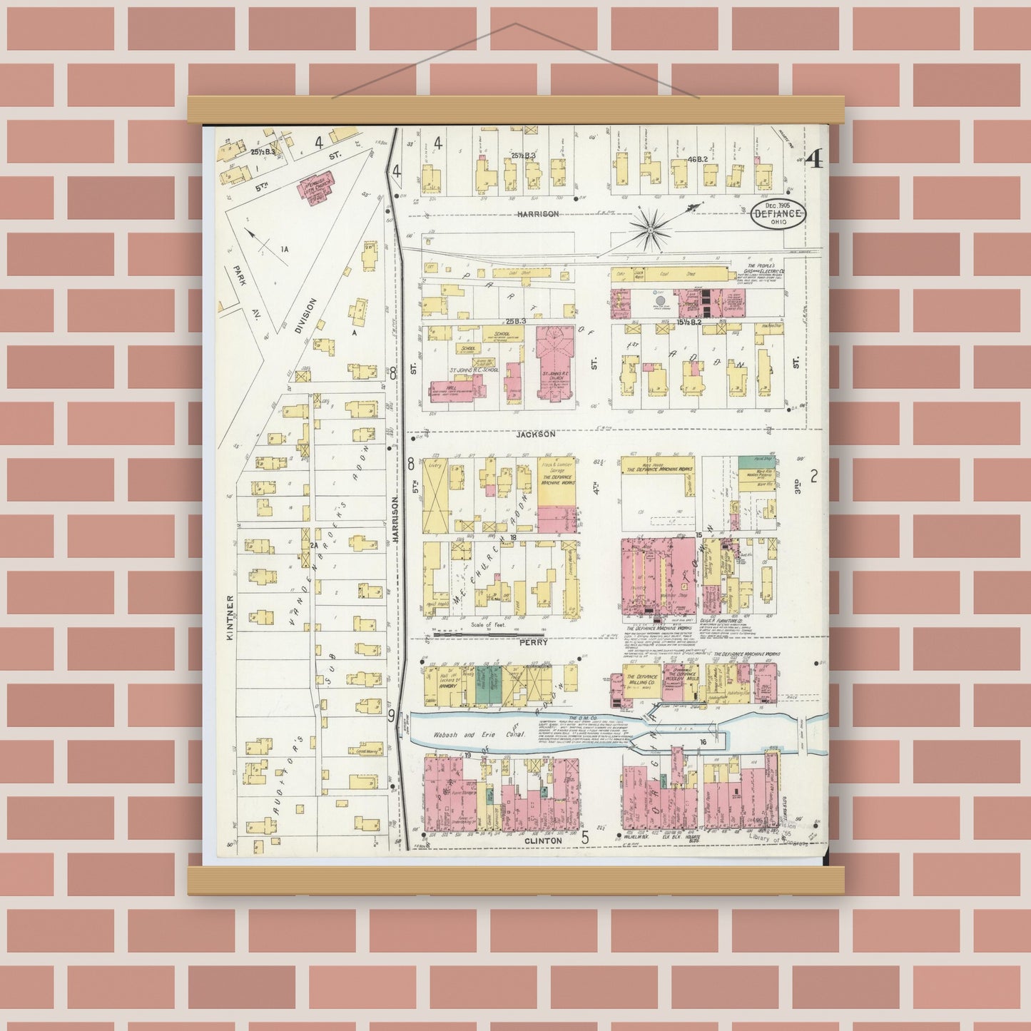 Old map wall art mockup — magnetic wood frame on brick wall — Sanborn Fire Insurance Map from Defiance, Defiance County, Ohio (1905), Sheet #0004