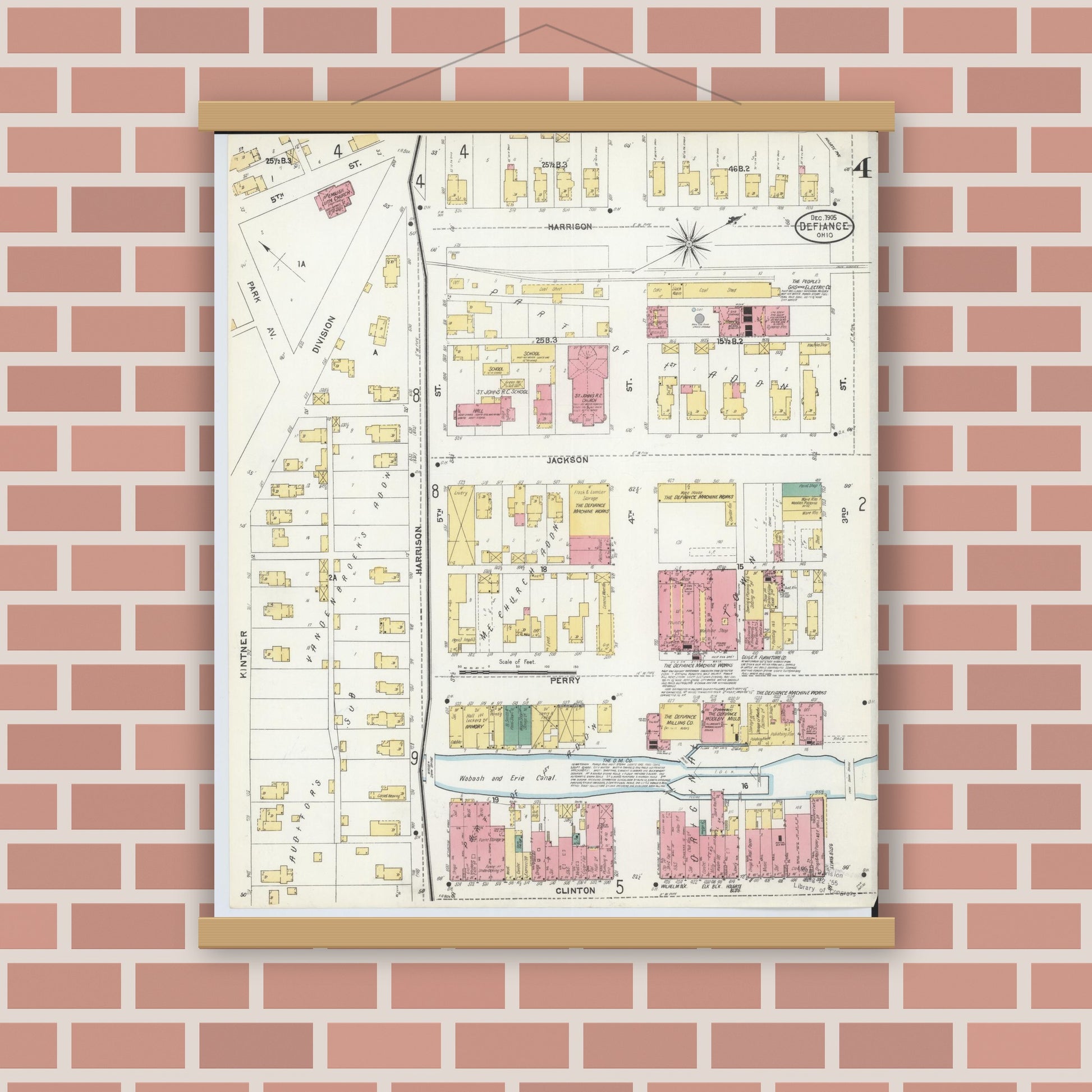 Old map wall art mockup — magnetic wood frame on brick wall — Sanborn Fire Insurance Map from Defiance, Defiance County, Ohio (1905), Sheet #0004