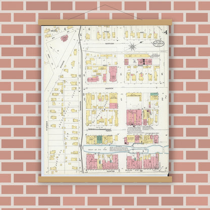 Old map wall art mockup — magnetic wood frame on brick wall — Sanborn Fire Insurance Map from Defiance, Defiance County, Ohio (1905), Sheet #0004