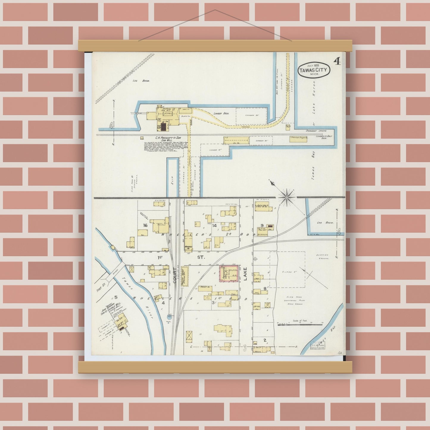 Old map wall art mockup — magnetic wood frame on brick wall — Sanborn Fire Insurance Map from East Tawas, Iosco County, Michigan (1893), Sheet #0004