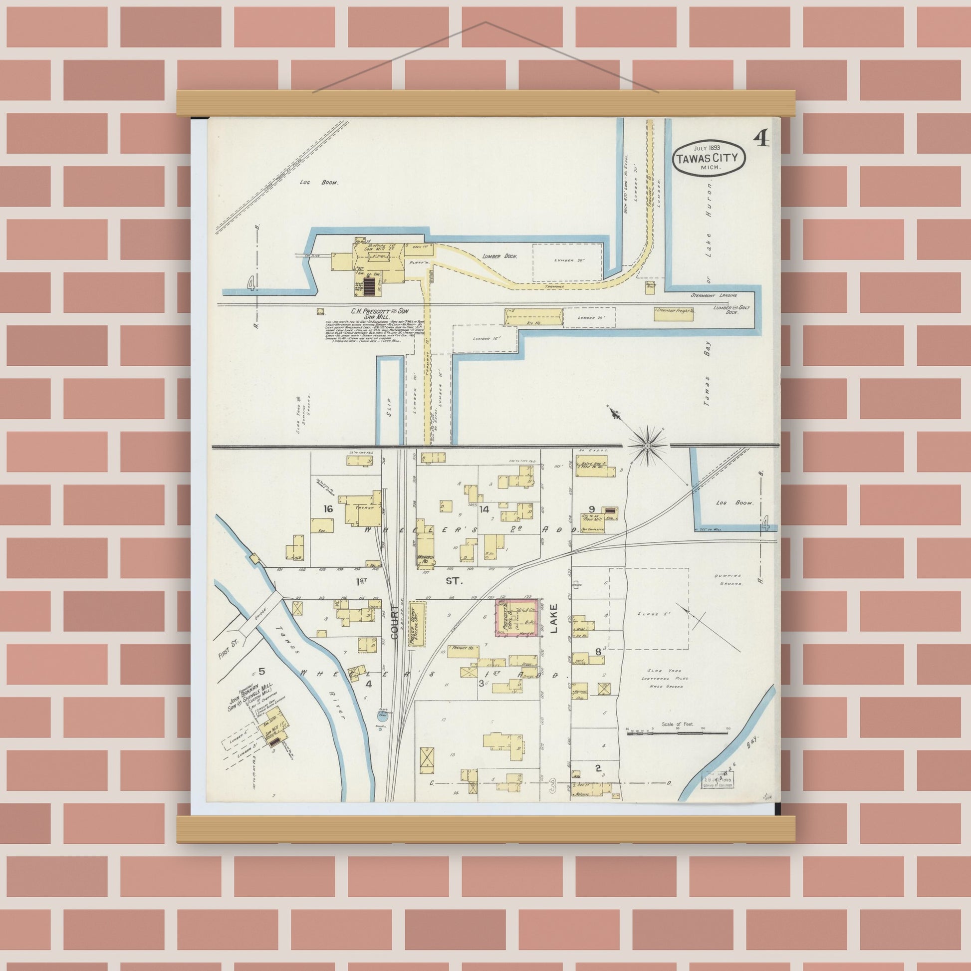Old map wall art mockup — magnetic wood frame on brick wall — Sanborn Fire Insurance Map from East Tawas, Iosco County, Michigan (1893), Sheet #0004