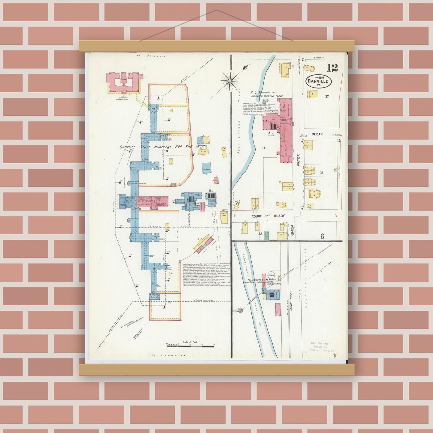 Old map wall art mockup — magnetic wood frame on brick wall — Sanborn Fire Insurance Map from Danville, Montour County, Pennsylvania (1907), Sheet #0012