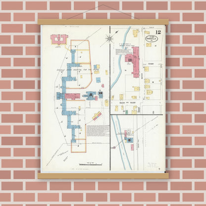 Old map wall art mockup — magnetic wood frame on brick wall — Sanborn Fire Insurance Map from Danville, Montour County, Pennsylvania (1907), Sheet #0012