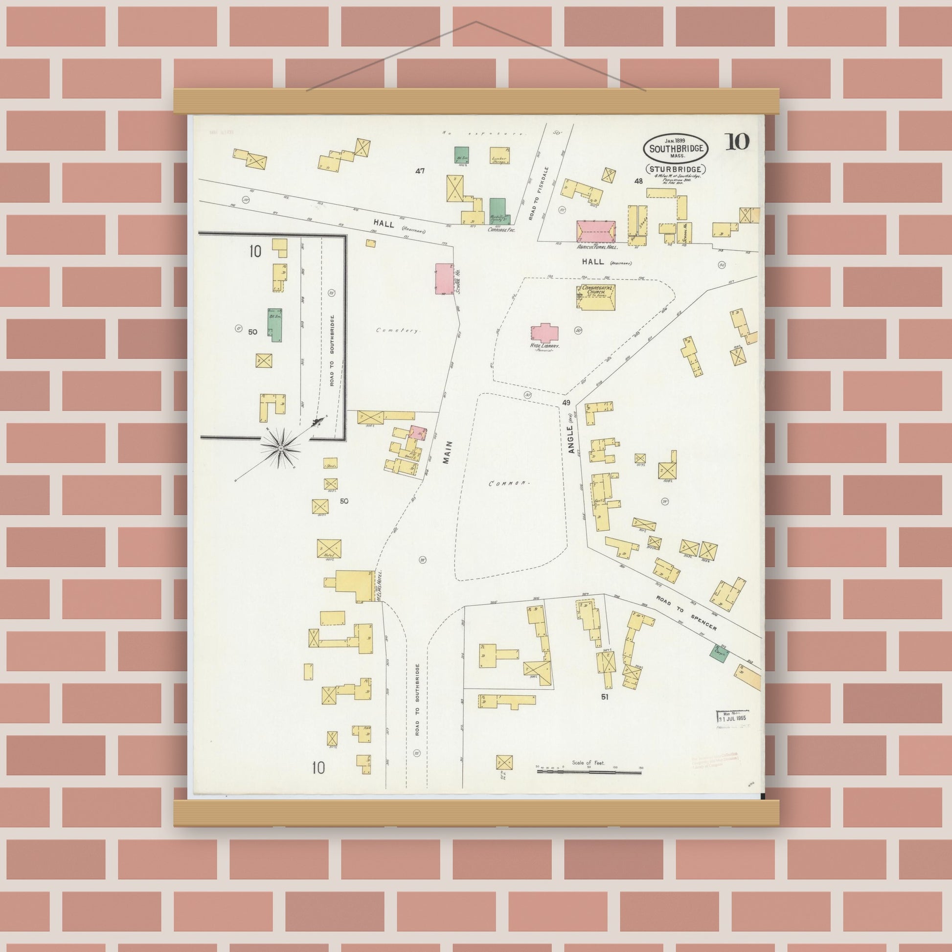 Old map wall art mockup — magnetic wood frame on brick wall — Sanborn Fire Insurance Map from Southbridge, Worcester County, Massachusetts (1899), Sheet #0010
