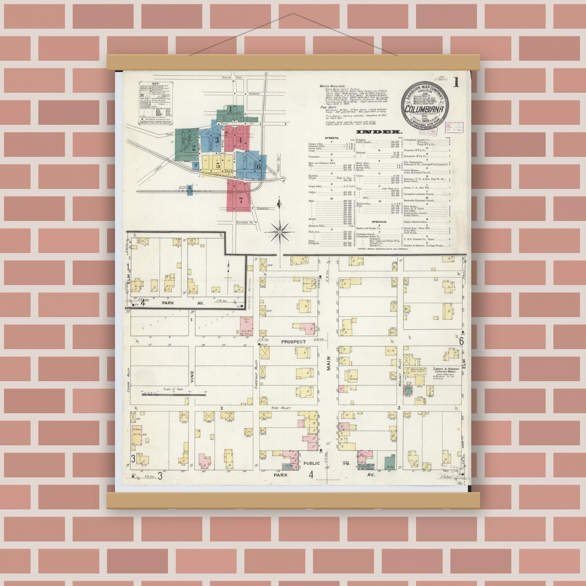 Old map wall art mockup — magnetic wood frame on brick wall — Sanborn Fire Insurance Map from Columbiana, Columbiana County, Ohio (1909) - Complete Map Set