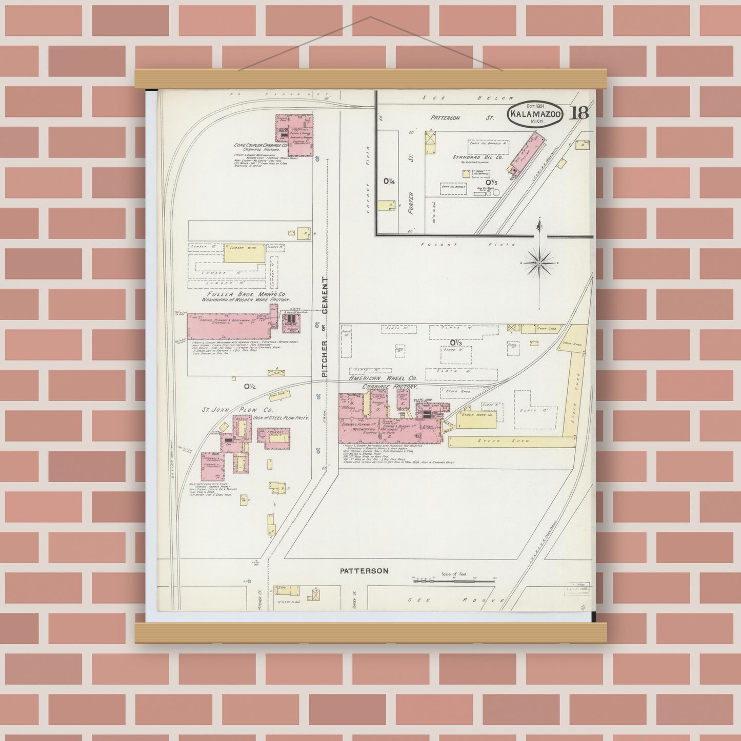 Old map wall art mockup — magnetic wood frame on brick wall — Sanborn Fire Insurance Map from Kalamazoo, Kalamazoo County, Michigan (1891), Sheet #0018