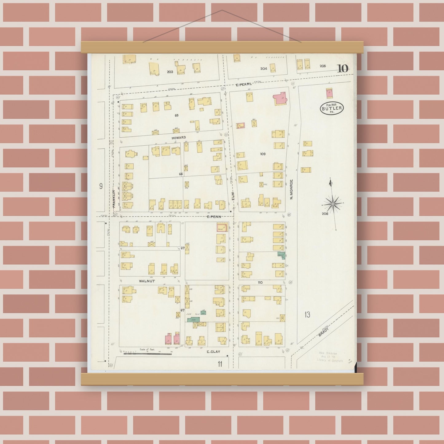 Old map wall art mockup — magnetic wood frame on brick wall — Sanborn Fire Insurance Map from Butler, Butler County, Pennsylvania (1906), Sheet #0010