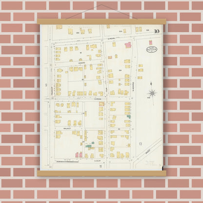 Old map wall art mockup — magnetic wood frame on brick wall — Sanborn Fire Insurance Map from Butler, Butler County, Pennsylvania (1906), Sheet #0010