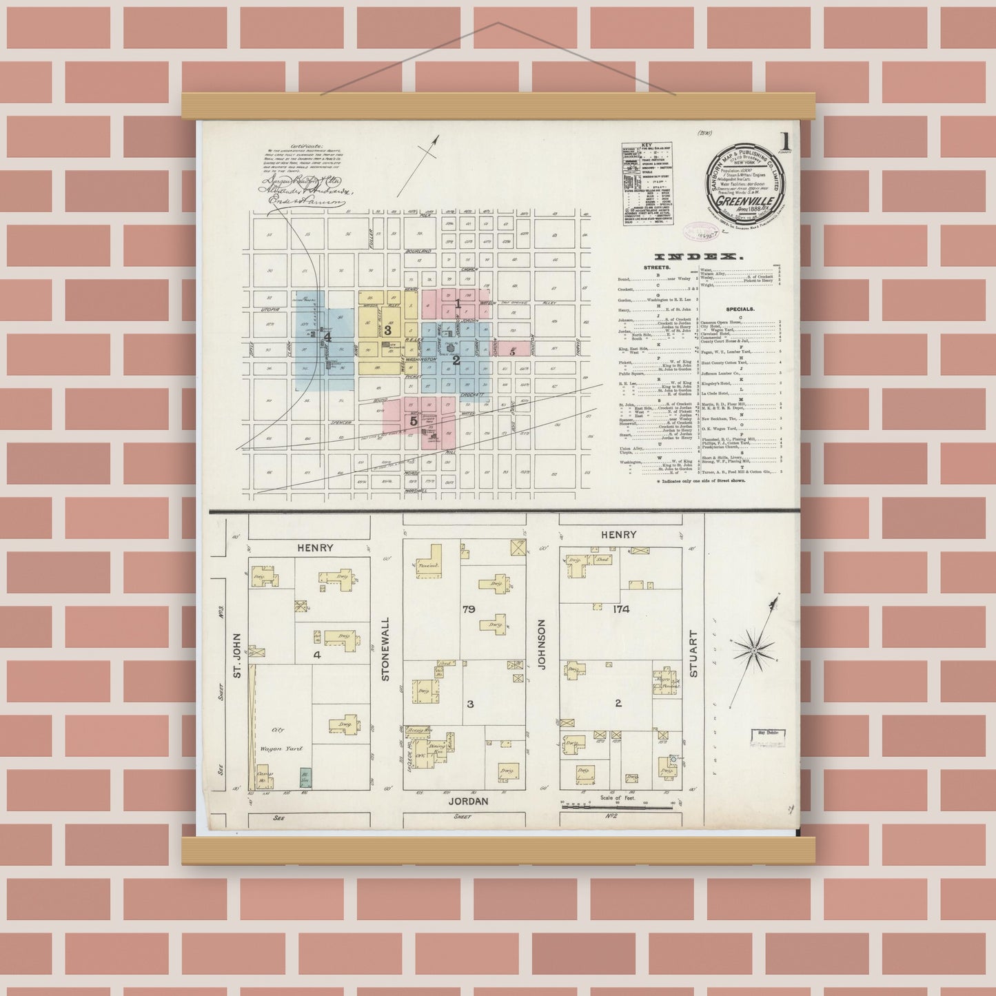 Old map wall art mockup — magnetic wood frame on brick wall — Sanborn Fire Insurance Map from Greenville, Hunt County, Texas (1888), Sheet #0001
