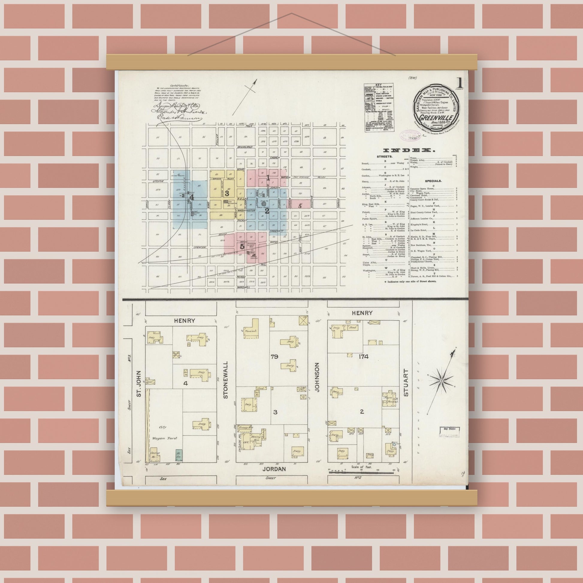 Old map wall art mockup — magnetic wood frame on brick wall — Sanborn Fire Insurance Map from Greenville, Hunt County, Texas (1888), Sheet #0001