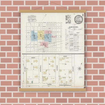 Old map wall art mockup — magnetic wood frame on brick wall — Sanborn Fire Insurance Map from Greenville, Hunt County, Texas (1888), Sheet #0001