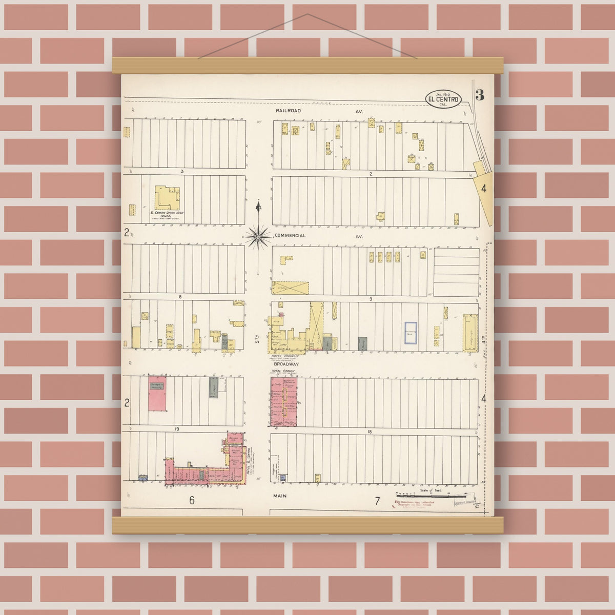 Old map wall art mockup — magnetic wood frame on brick wall — Sanborn Fire Insurance Map from El Centro, Imperial County, California (1910), Sheet #0003
