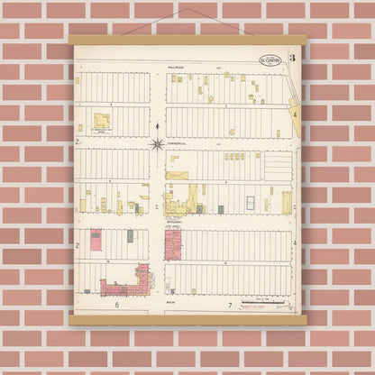 Old map wall art mockup — magnetic wood frame on brick wall — Sanborn Fire Insurance Map from El Centro, Imperial County, California (1910), Sheet #0003