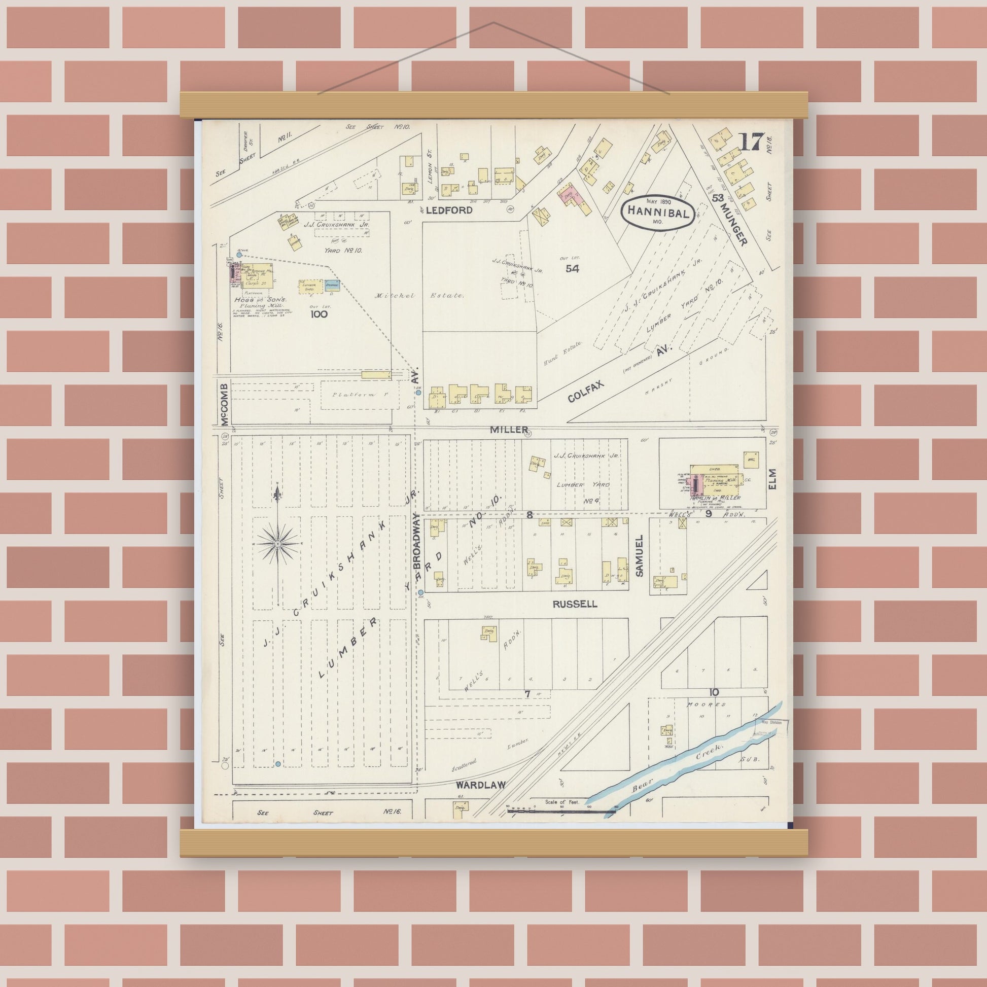 Old map wall art mockup — magnetic wood frame on brick wall — Sanborn Fire Insurance Map from Hannibal, Marion County, Missouri (1890), Sheet #0017