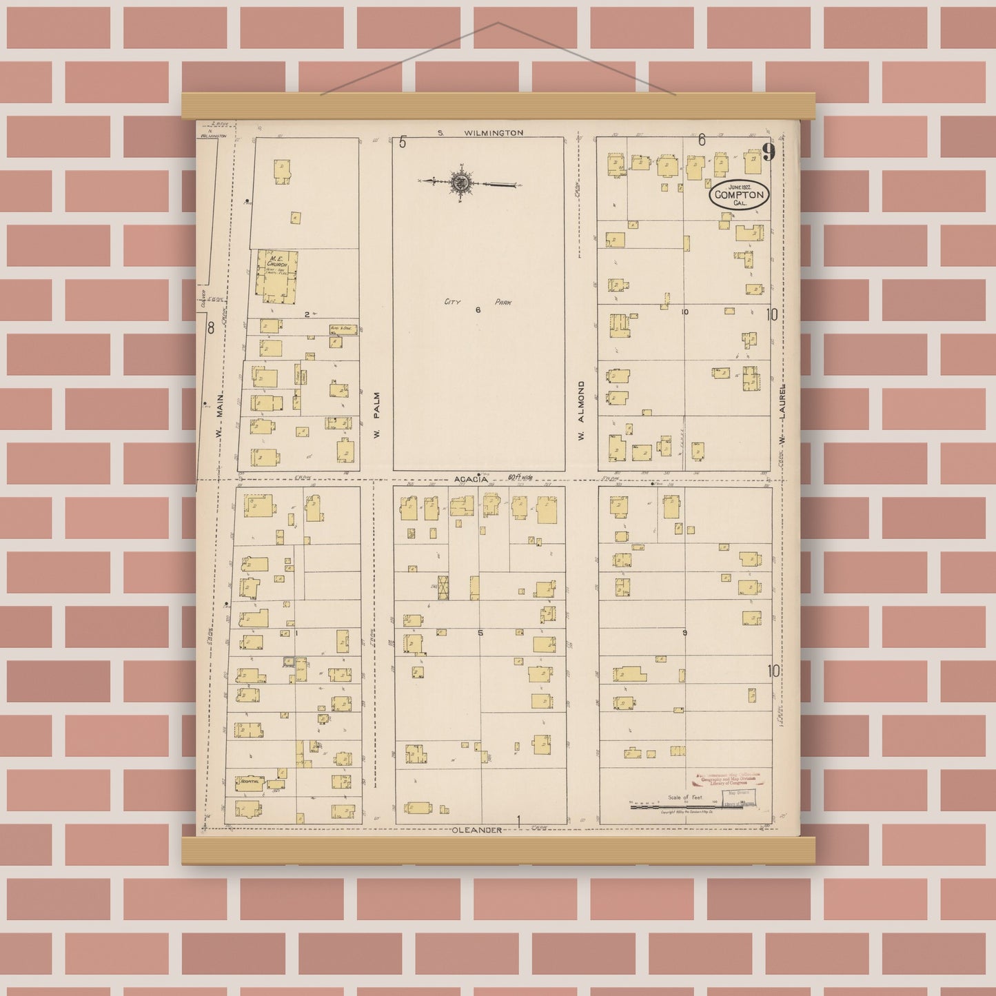 Old map wall art mockup — magnetic wood frame on brick wall — Sanborn Fire Insurance Map from Compton, Los Angeles County, California (1922), Sheet #0009