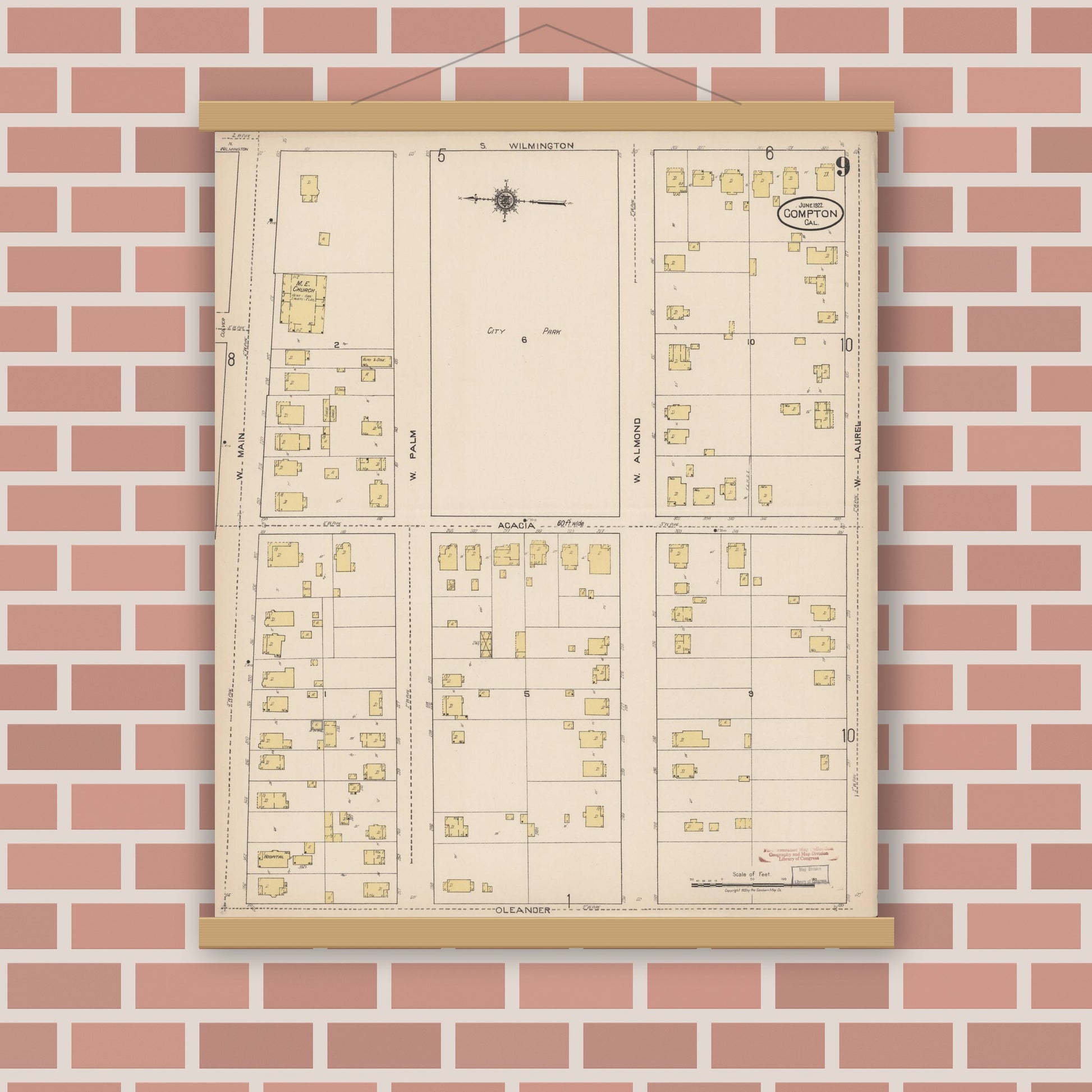 Old map wall art mockup — magnetic wood frame on brick wall — Sanborn Fire Insurance Map from Compton, Los Angeles County, California (1922), Sheet #0009