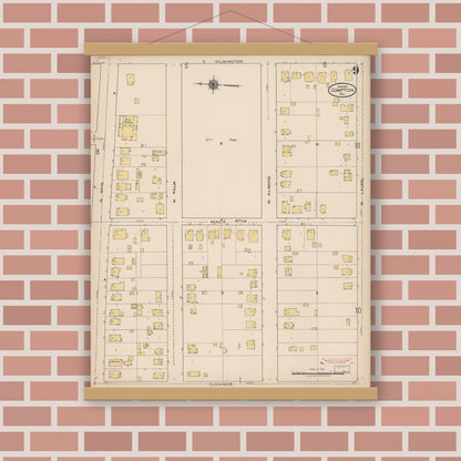 Old map wall art mockup — magnetic wood frame on brick wall — Sanborn Fire Insurance Map from Compton, Los Angeles County, California (1922), Sheet #0009