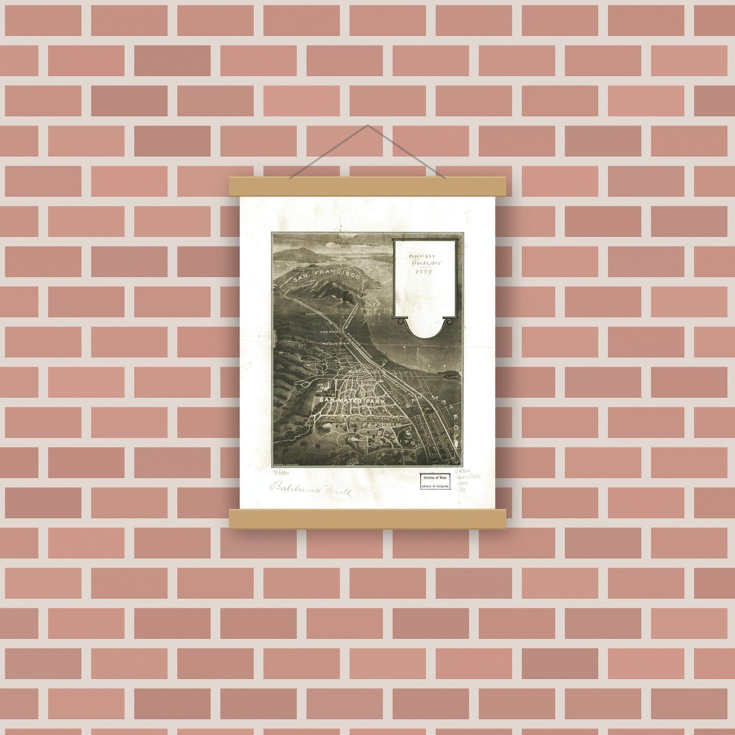 Old map wall art mockup — magnetic wood frame on brick wall — [San Mateo Park. (1905)
