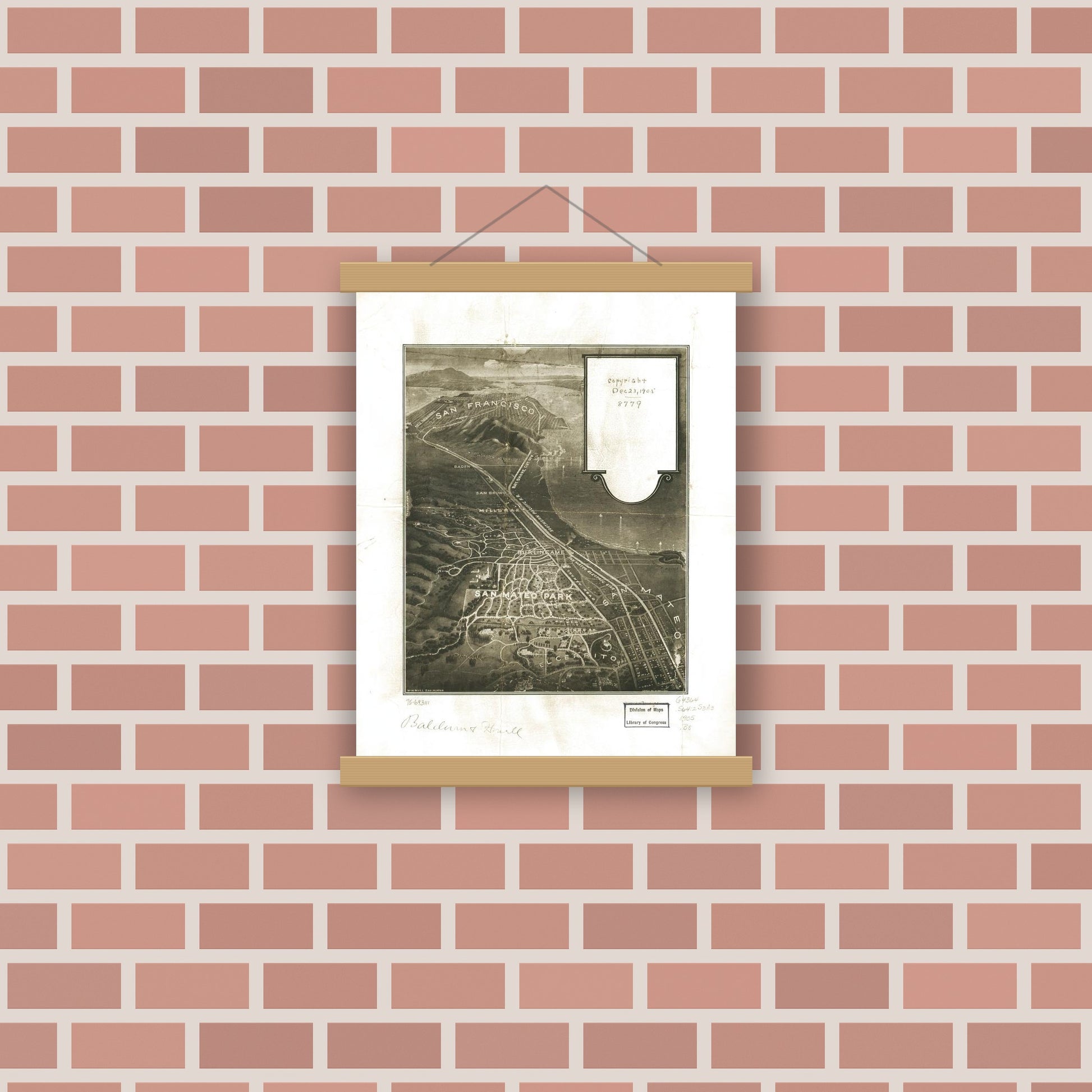 Old map wall art mockup — magnetic wood frame on brick wall — [San Mateo Park. (1905)