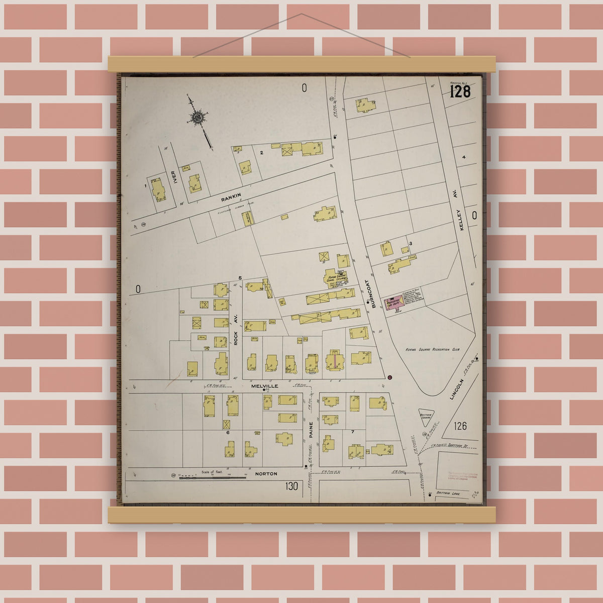 Old map wall art mockup — magnetic wood frame on brick wall — Sanborn Fire Insurance Map from Worcester, Worcester County, Massachusetts (1910), Sheet #0128